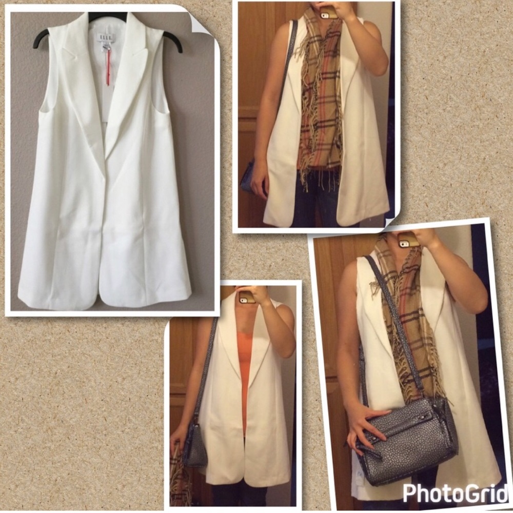 ELLE Small Sleeveless Blazer Jacket Duster Vest Collared Open Front Marshmallow